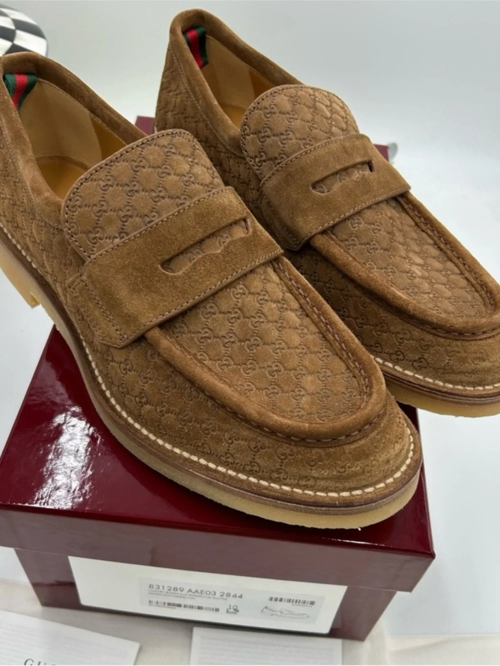Men's Gucci suede GG monogram web loafers size 10 fits 10.5 US made in Italy